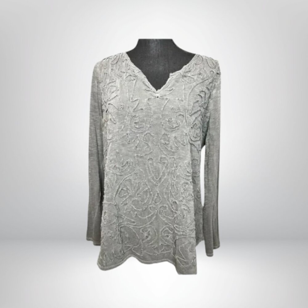 Lucky Brand Grey Embroidered Boho 3/4 Sleeve Top (XL)